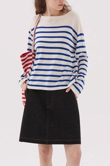 Navy Striped Relaxed Boat Neck Knit Top