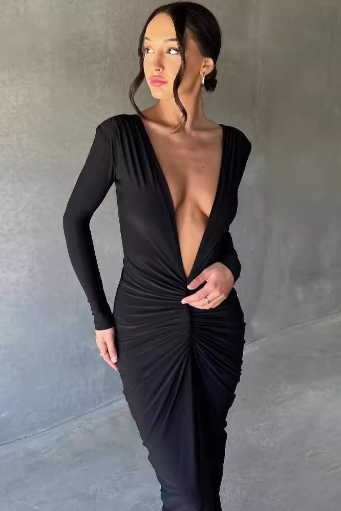 V Neck Bodycon Ruched Solid Long Sleeve Formal Dress
