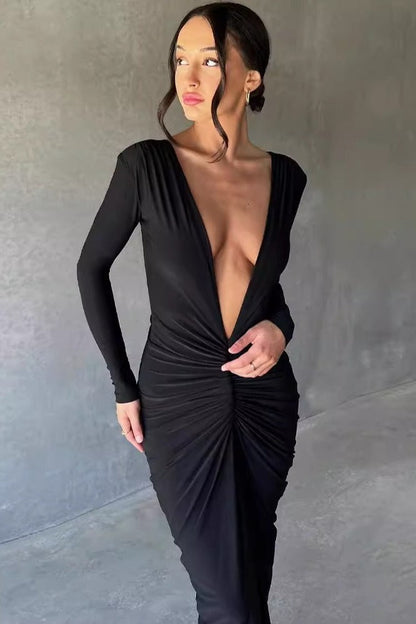 V Neck Bodycon Ruched Solid Long Sleeve Formal Dress