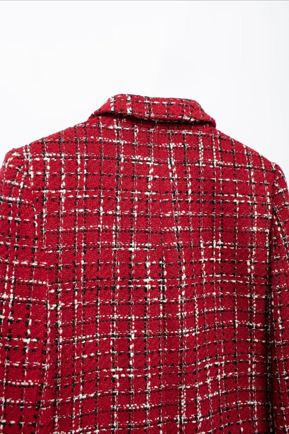 Padded Shoulder Tweed Two Piece Blazer Skirt Set