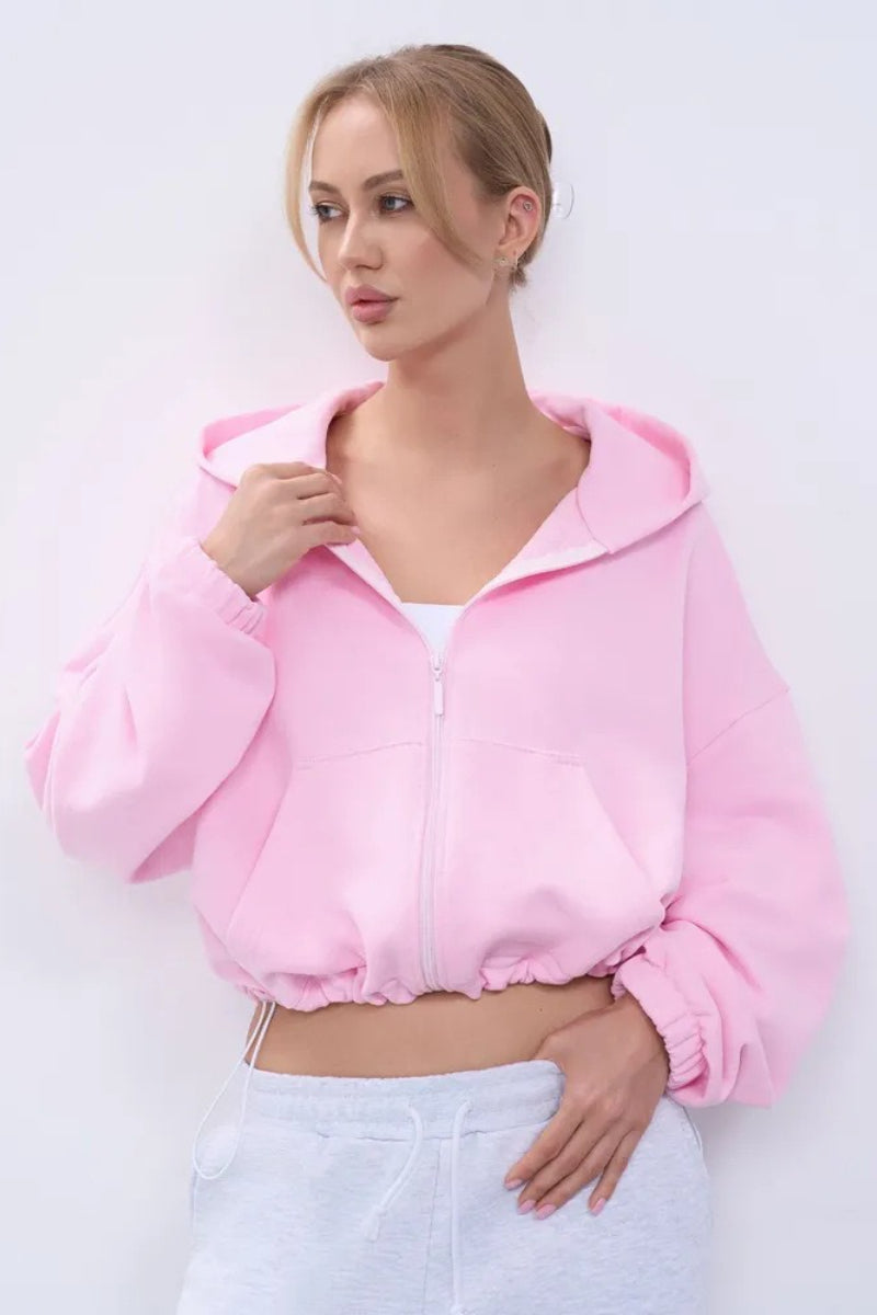 Cropped Fleece Zip Adjustable Waist Hoodie