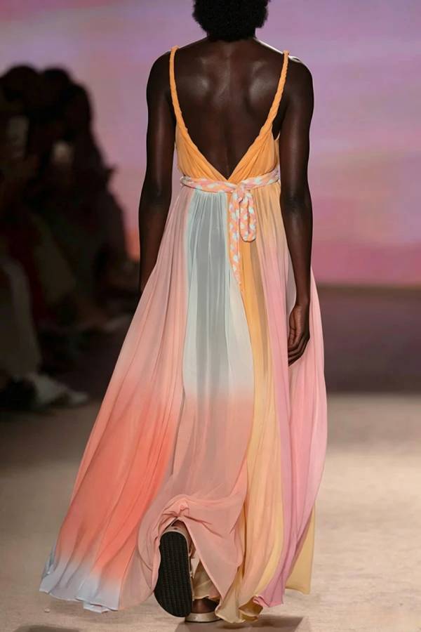 Rainbow Sky Chiffon Ombré Print Metal Decoration Woven Belted Vacation Maxi Dress