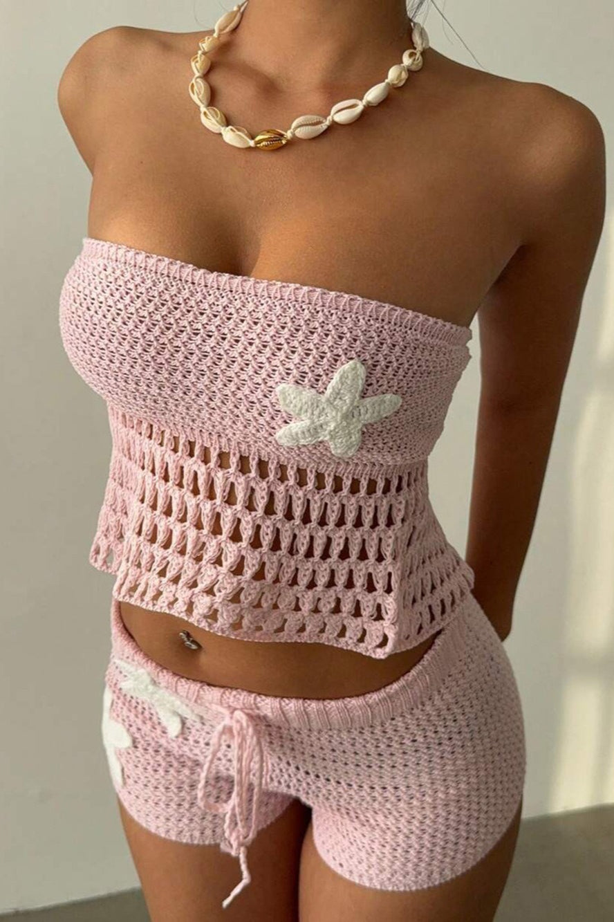 Floral Knit Crochet Crop Bodycon Shorts Set