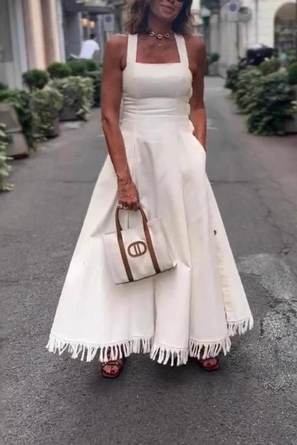 Halter Square Neck Side Button Fringe Flare Maxi Dress