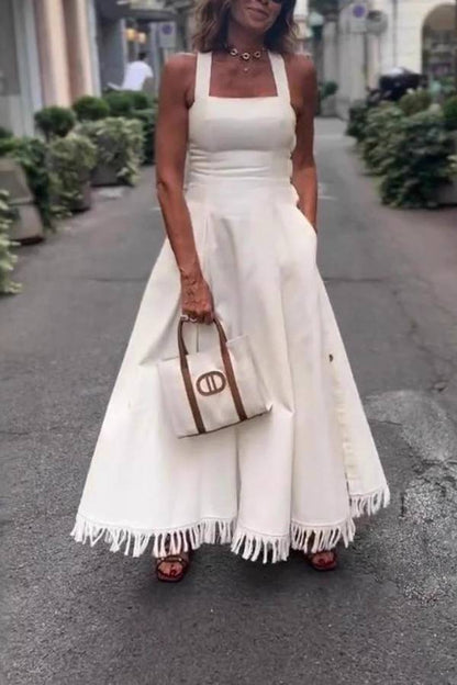 Halter Square Neck Side Button Fringe Flare Maxi Dress