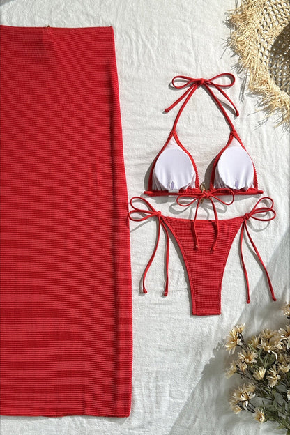 Mesh Long Skirt Starfish Detail Three Piece Swim Set