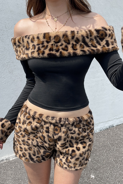 Fuzzy Paneled Leopard Print Off Shoulder Crop Top