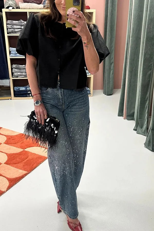 Fashionable Rhinestone Mid-rise Loose Pocket Straight Jeans