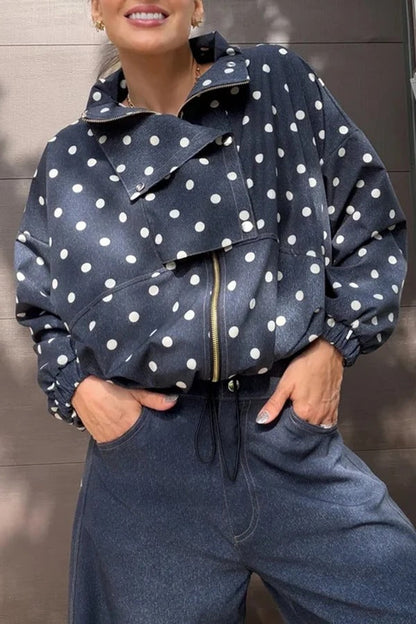 Kadence Polka Dot Zipper Lapel High Neck Drawstring Hem Sporty Jacket
