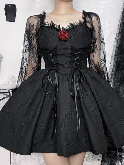 Sweetheart Lace Up Jacquard Bow Print Puff Sleeve Lolita Mini Dress