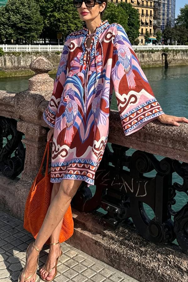 Lucia Linen Blend Vacation-style Print Tie-up Neck Long Sleeve Pocket Loose Mini Dress