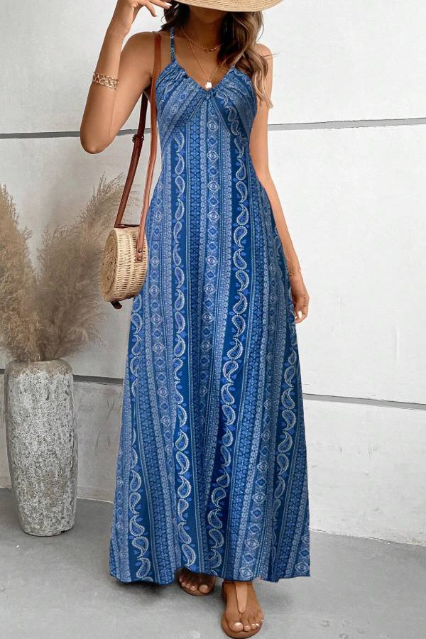 Bohemian Ethnic Print Spaghetti Strap Maxi Dress
