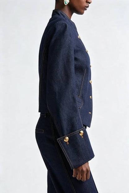 Cowgirl Club Denim Stand Neck Flare Sleeve Metal Buttons Long Sleeve Jacket