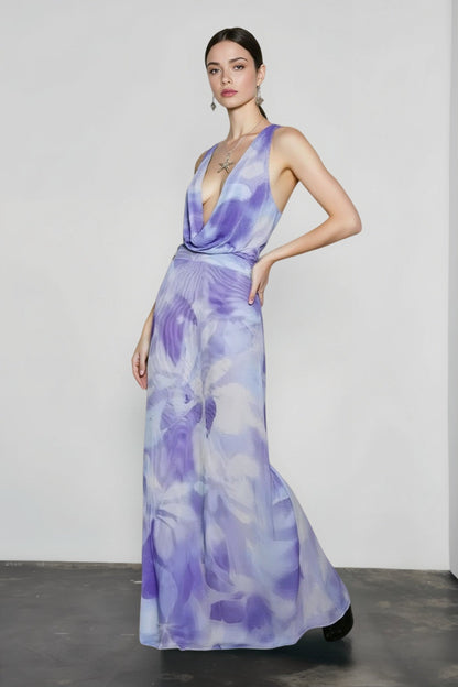 Printed Halter Cowl Neck Bodycon Vacation Dress