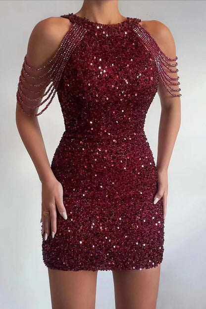 Crystal Fringe Halter Sequin Bodycon Cocktail Dress