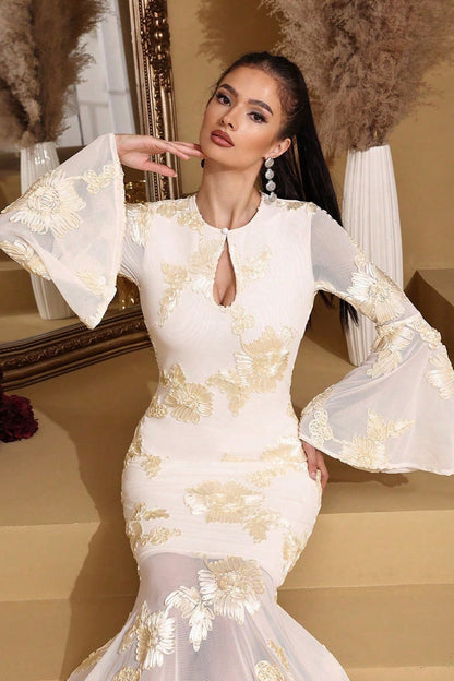 Elegant Embroidered Mesh Trumpet Sleeve Prom Dress