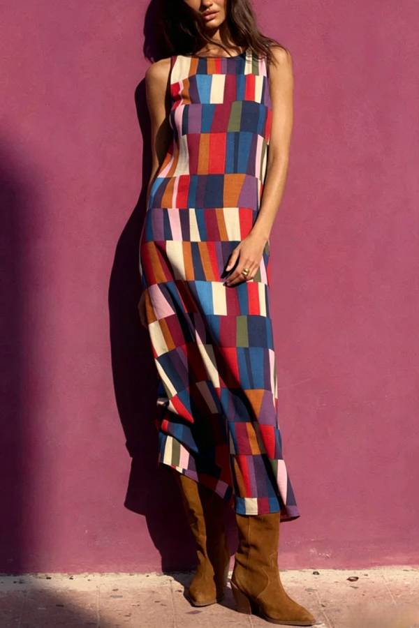 Retro Chic Linen Blend Colorful Color Block High Round Neck Sleeveless Maxi Dress