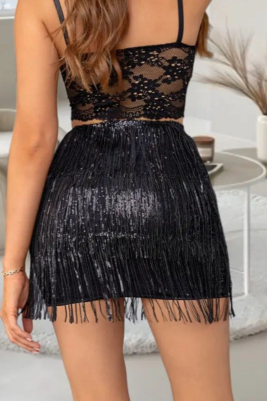 Sequin Fringe Bodycon Mini Skirt