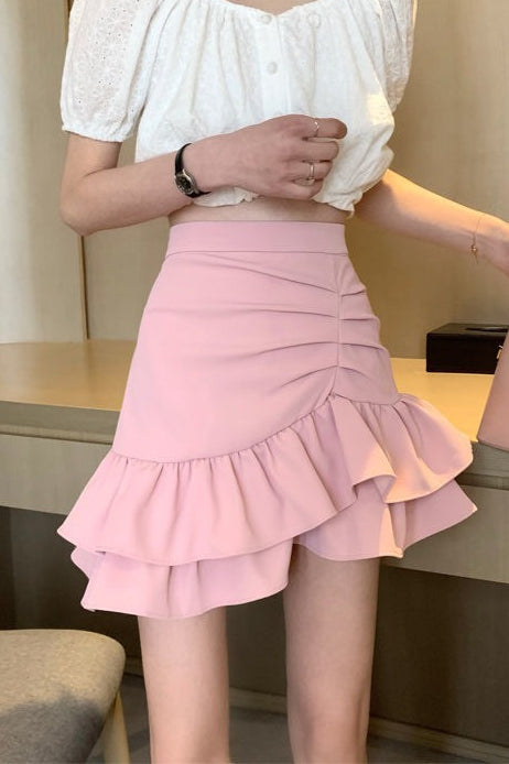 High Waist Pink Flounce Hem Asymmetrical Skirt