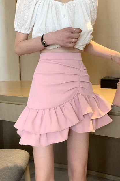 High Waist Pink Flounce Hem Asymmetrical Skirt