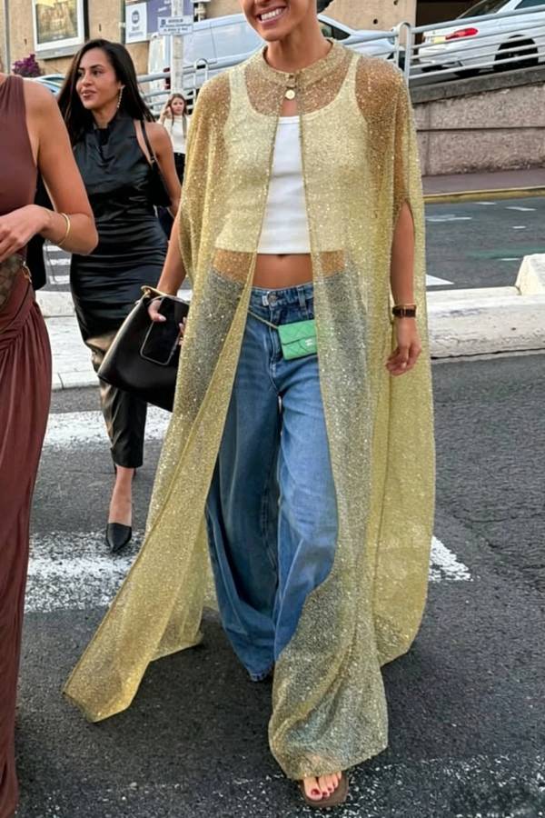 Sparkle Night Sheer Sequin Maxi Cover-up Cape