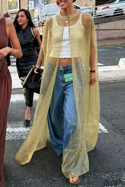 Sparkle Night Sheer Sequin Maxi Cover-up Cape