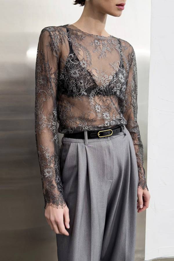 French Round‑Neck Sheer Lace Long‑Sleeve Layering Top