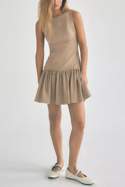 Velvet Bow Trim Drop Waist Gathered Pleated Mini Dress