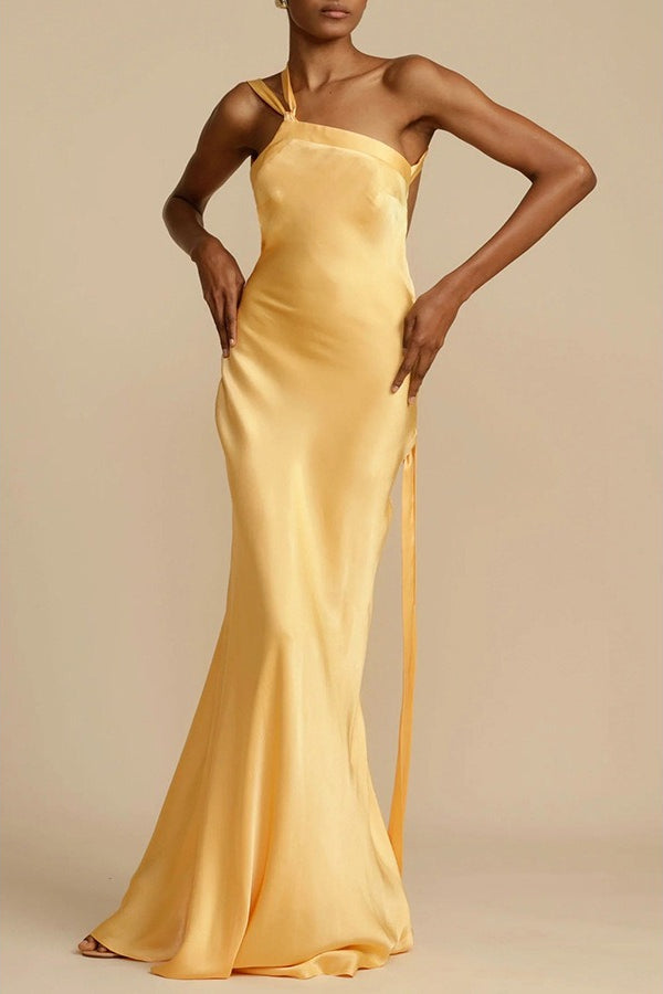 Bodycon Asymmetrical Neck Silk Dress