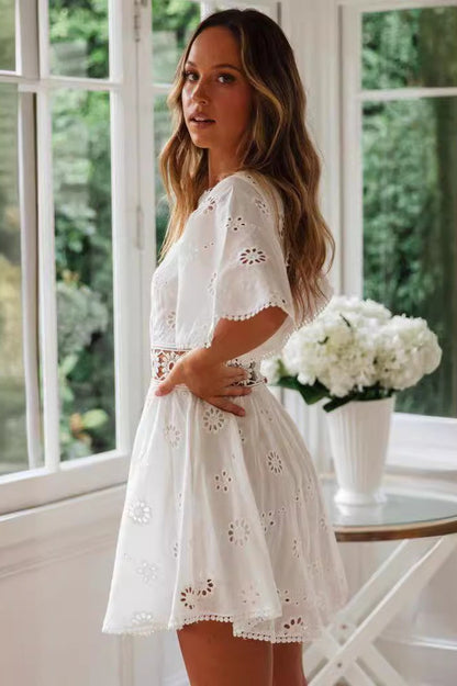 Cutout Round Neck Short Sleeve Boho Dress