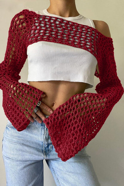Sexy Sheer Crochet Bell Sleeve Crop Top