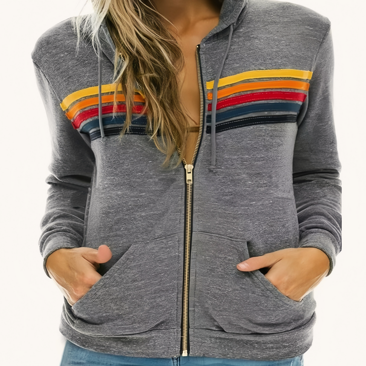 Fleece Lined Colorful Striped Zip Loose Unisex Hoodie