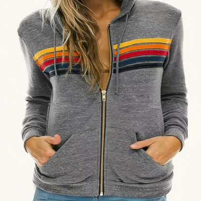 Fleece Lined Colorful Striped Zip Loose Unisex Hoodie