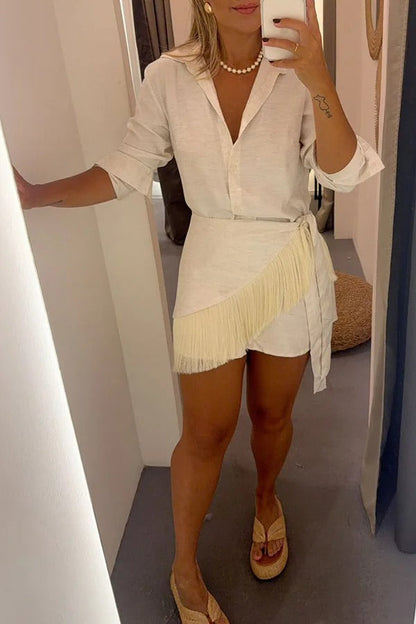 Sorena Linen Blend Button Up Long Sleeve Midi Blouse and Tassel Trim Warp Cover-up Mini Dress Set
