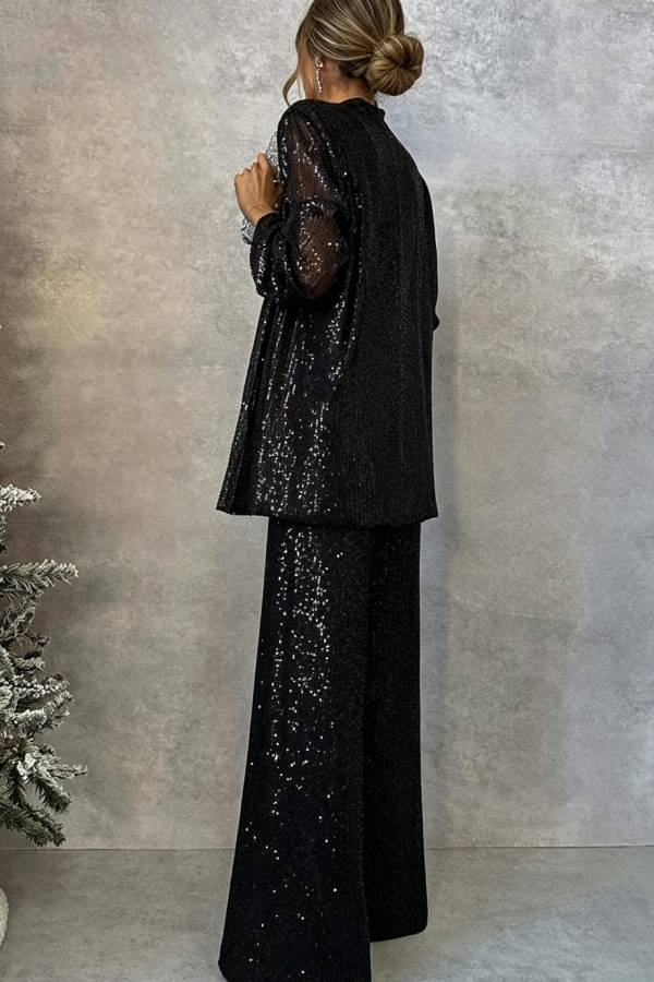 Party Scene Sequin High Rise Elastic Waist Wide Leg Pants