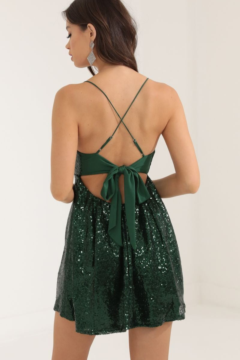 Spaghetti Strap Bow Contrast Chic Sequin Dress