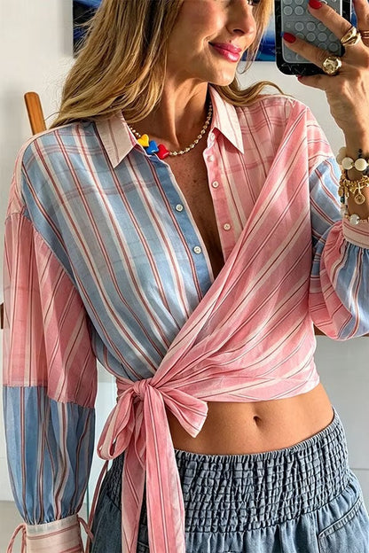 Plaid Wrap Tie Long Sleeve Shirt