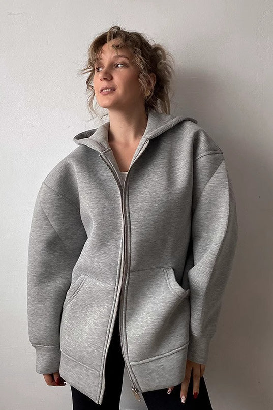 Grey Loose Fit Casual Zip Up Basic Jacket Hoodie