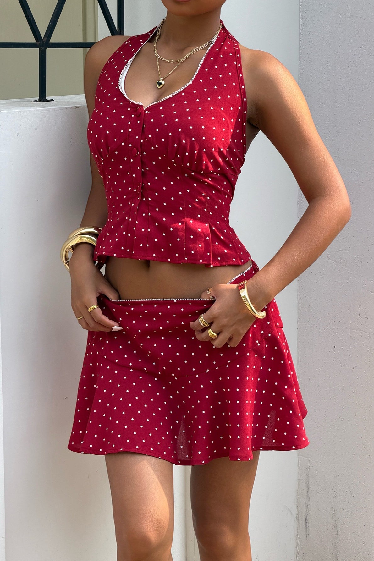 Red Polka Dot Halter Skirt Set