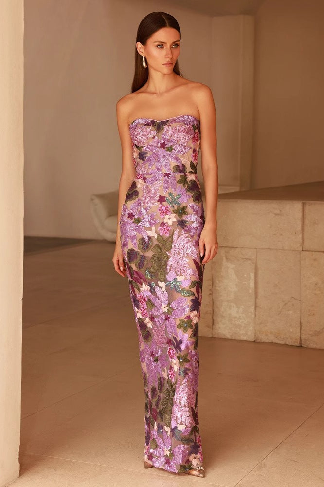 Off Shoulder 3D Tulle Embroidered Sequin Slim Sequin Dress
