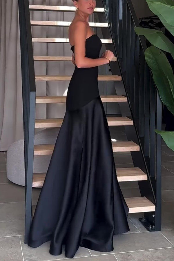 Strapless Satin Sleeveless Paneled Solid Formal Dress