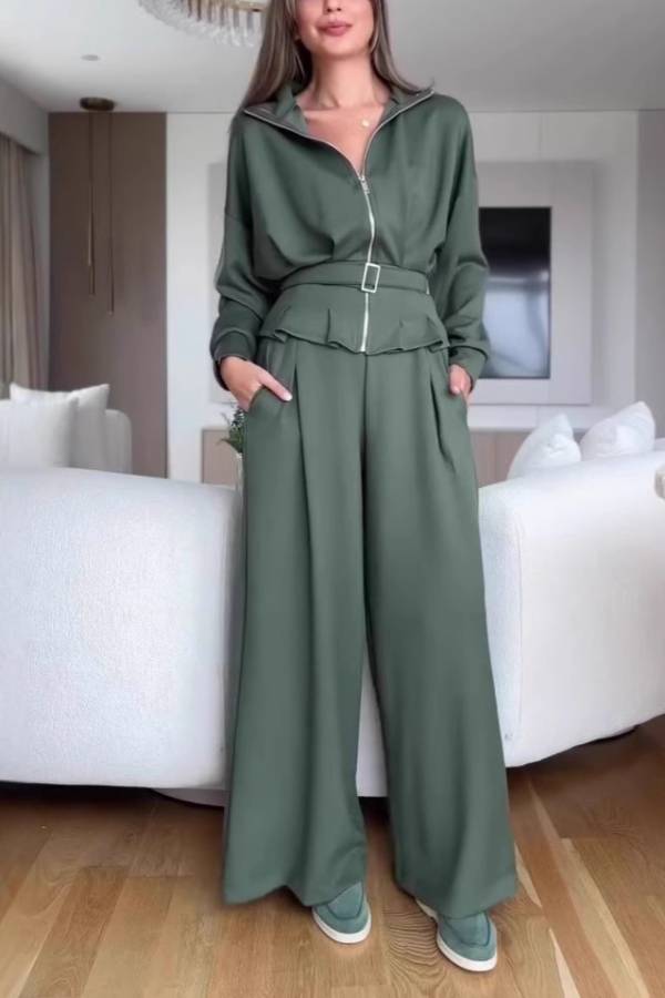 Stand Collar Zip Waist Cinched Wide Leg Pants Matching Set Elegant Two Piece Co-Ord