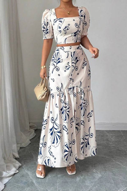 Square Neck Puff Sleeve Printed Crop Top & Ruffle Hem Slit Maxi Skirt Two-Piece Set