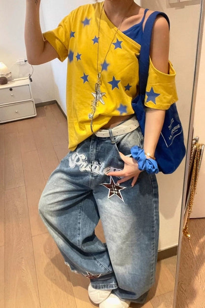 Retro Star Letter Appliqué Barrel Leg Jeans