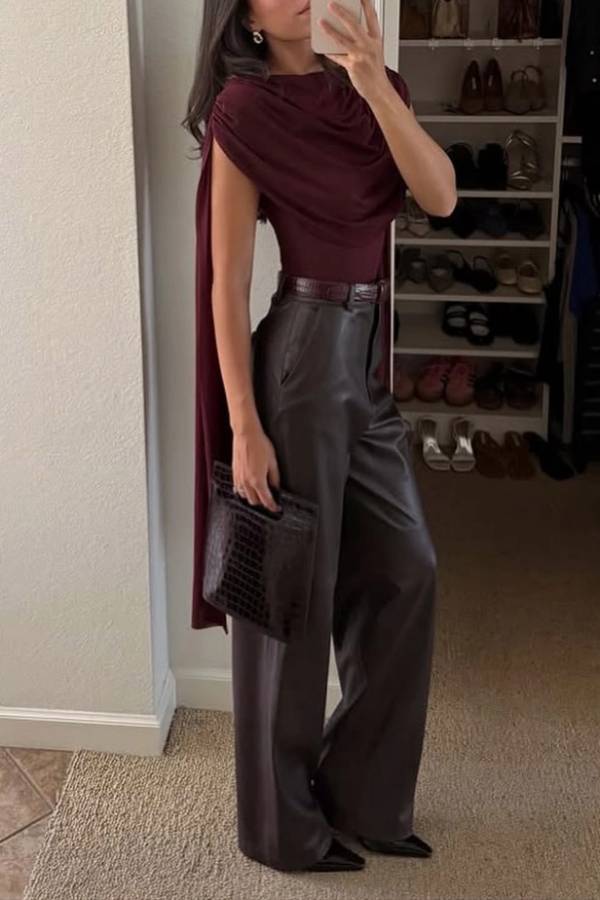 Elegant High-waist Wide-leg Faux Leather Pants