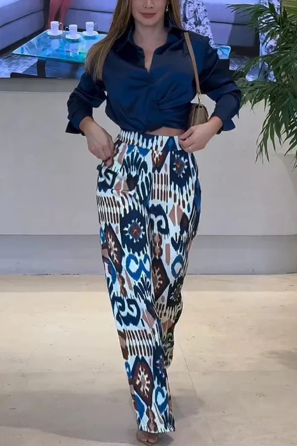 Emelia Unique Print Back Elastic Waist Pocket Wide Leg Pants
