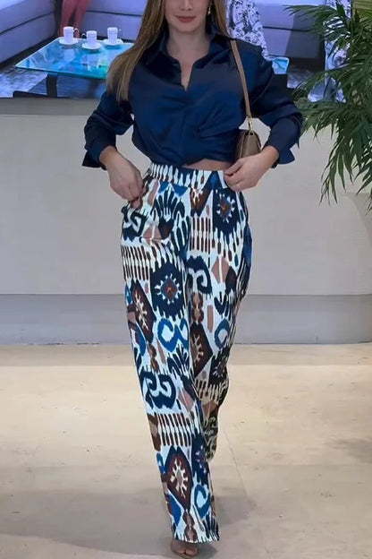Emelia Unique Print Back Elastic Waist Pocket Wide Leg Pants