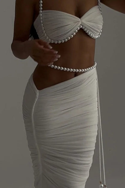 Imalia Stretch Mesh Pearl Trim Gathered Tank and Detachable Belt Vacation Maxi Skirt Set