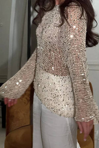 Fashion Sequined Hollow Long Sleeve Loose Knit Top