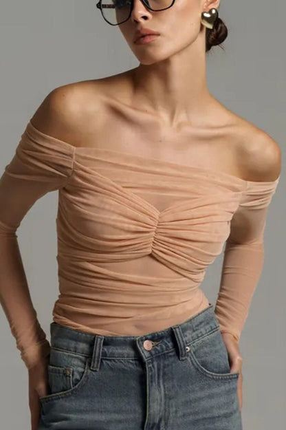 Off Shoulder Sheer Mesh Bodycon Long Sleeve Tee